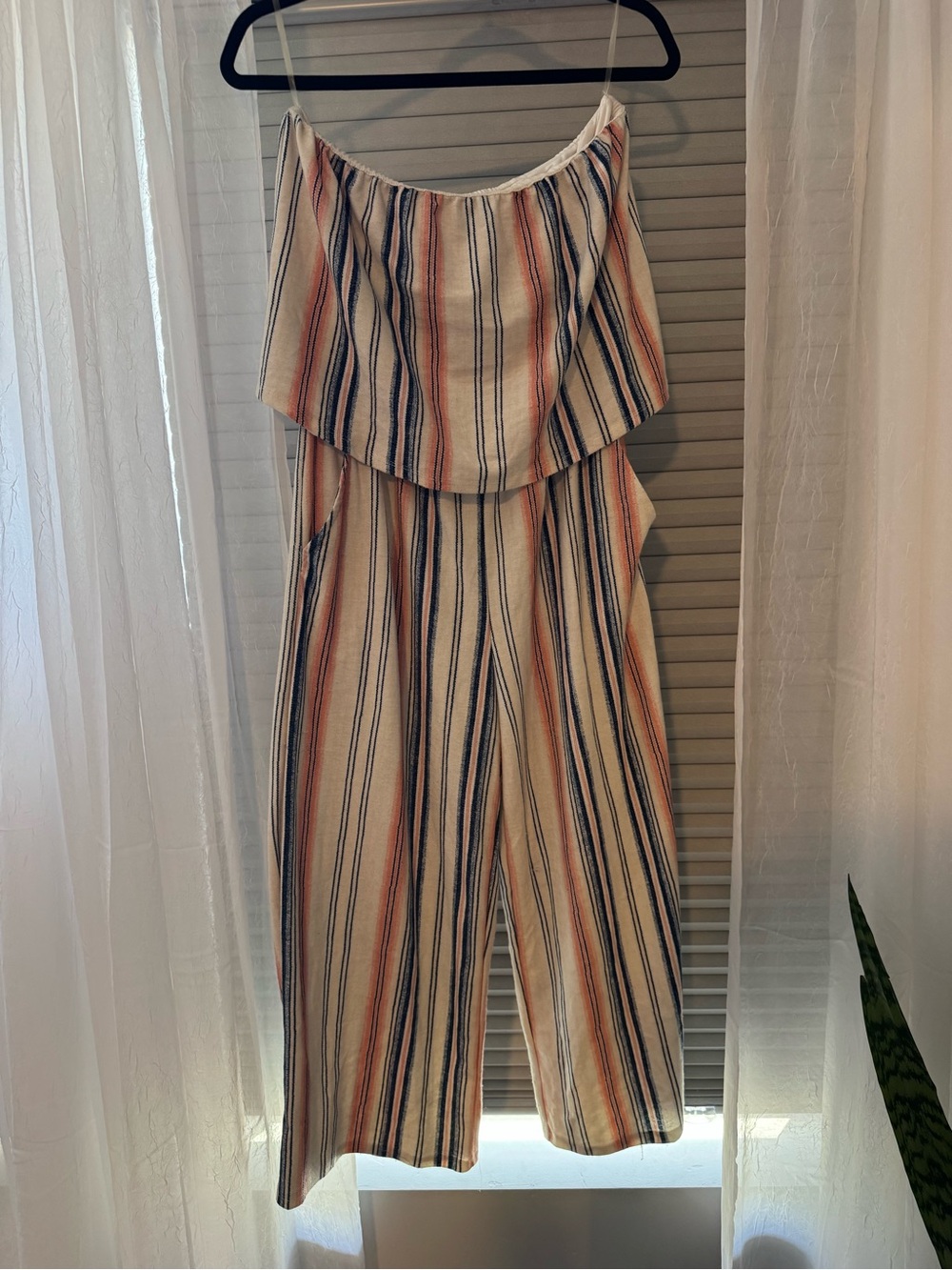 Striped Cream Wide-Leg Jumpsuit with Spaghetti Straps